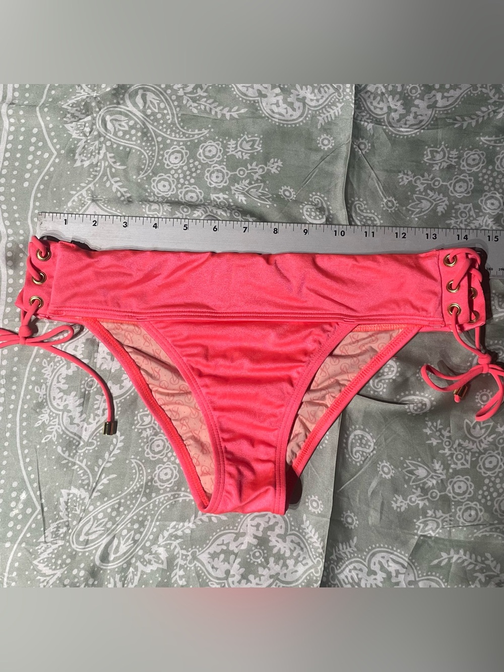 Victoria’s Secret Coral Lace-Up Bikini Bottom Medium Gold Hardware  Y2K